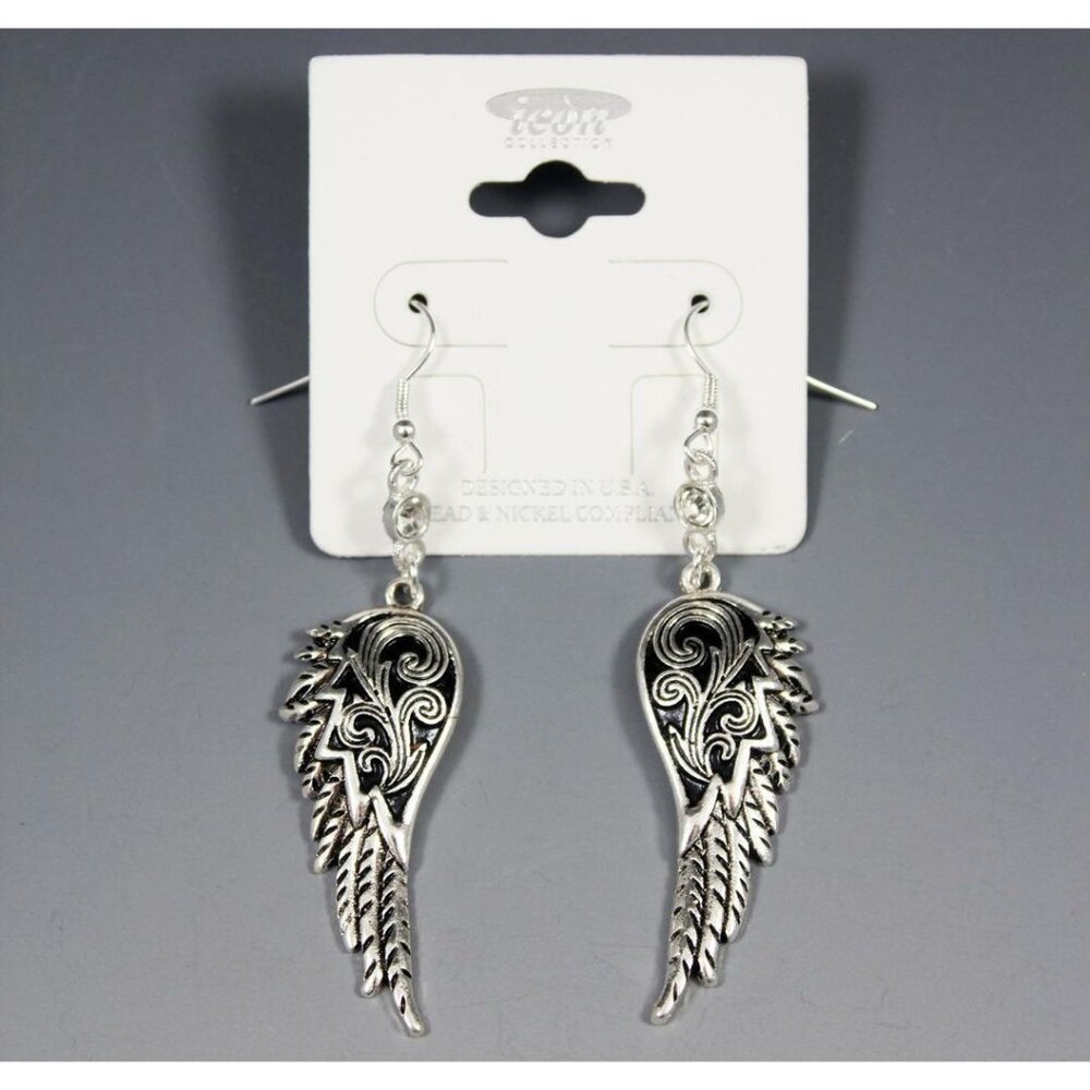 Icon Collection Silver Tone/Black Tailored Angel Wing Earrings Pierced 2.5" NEW